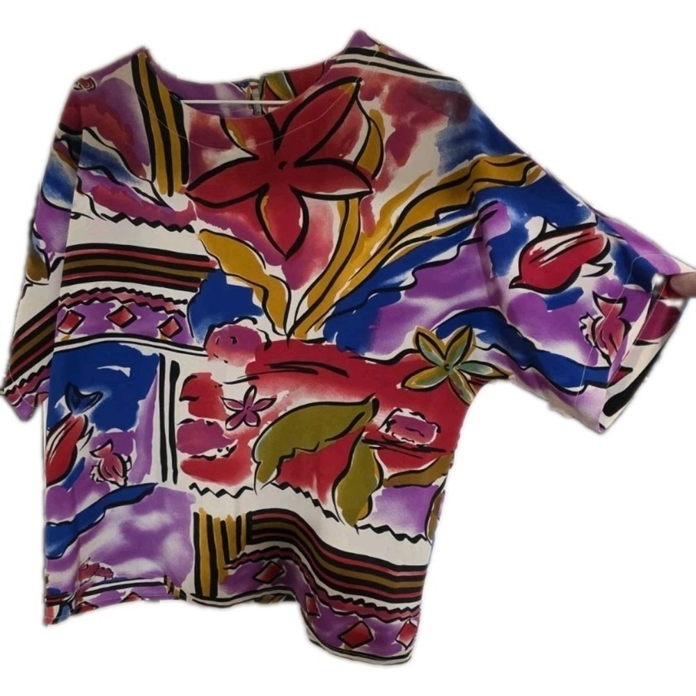 VTG CHE STUDIO Multi-Color Short Sleeve Abstract Art Blouse 80s Floral Vibrant L